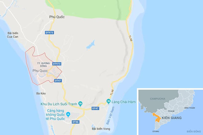 Thị trấn Dương Đông (màu đỏ) ở Phú Quốc. Ảnh: Google Maps.