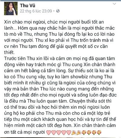 Dòng trạng thái mới nhất của Thu Vũ sau khi mở lại trang cá nhân Facebook. Ảnh: FBNV.