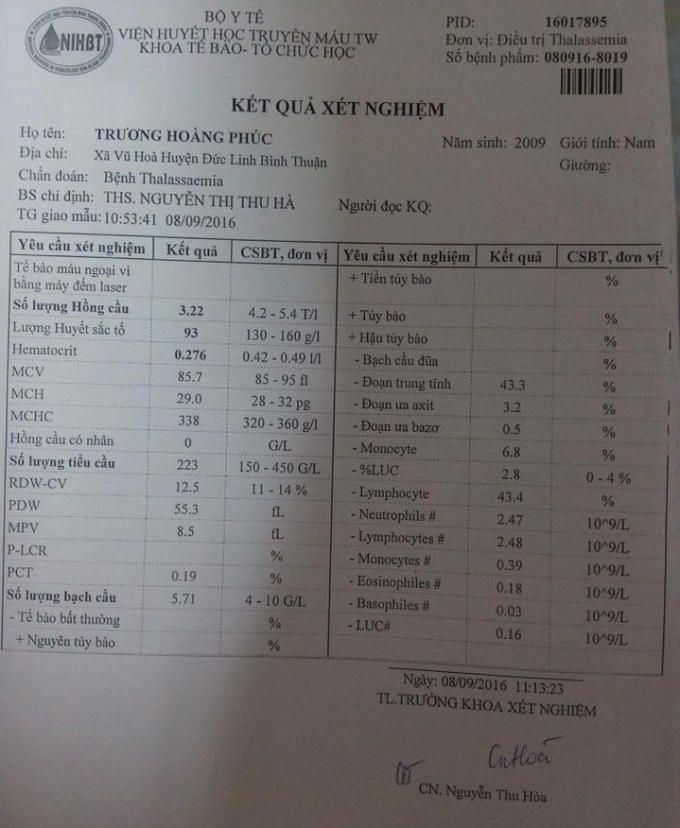 Phiếu kết quả xét nhiệm của khoa tế bào - tổ chức học về tình trạng bệnh của cháu Trương Hoàng Phúc. (Ảnh: Facebook).