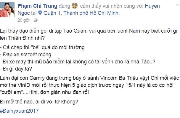 Nghệ sĩ Chí Trung chia sẻ trên trang cá nhân về Táo Quân 2017.