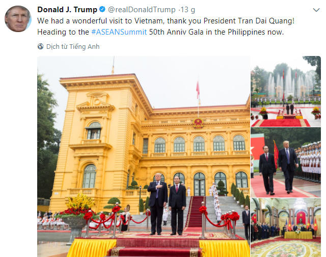 Lời cảm ơn của Tổng thống Trump về chuyến thăm "tuyệt vời" ở Việt Nam đăng kèm với các bức ảnh lễ đón với nghi thức trang trọng tại Hà Nội. (Ảnh: Twitter)