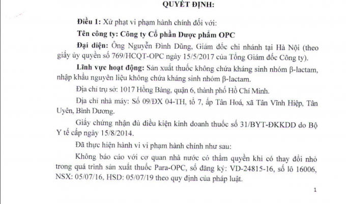 Quyết định xử phạt của Thanh tra Bộ Y tế đối với Công ty CP Dược phẩm OPC.