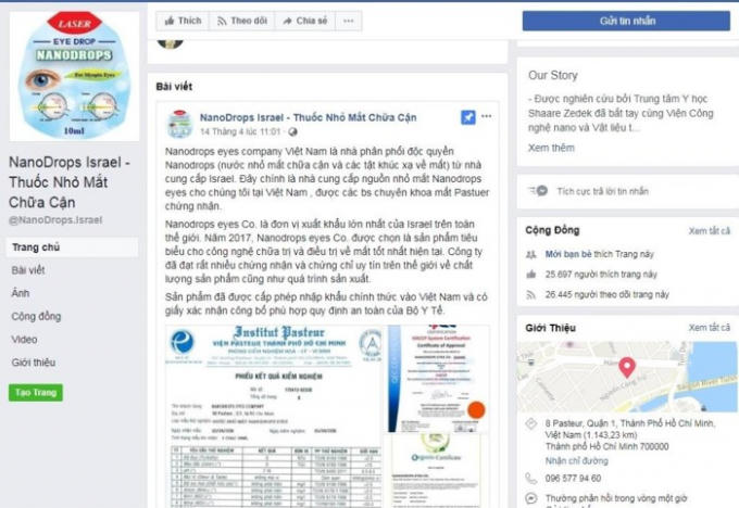 Một trang fanpage rao bán sản phẩm thuốc nhỏ mắt chữa cận thị.