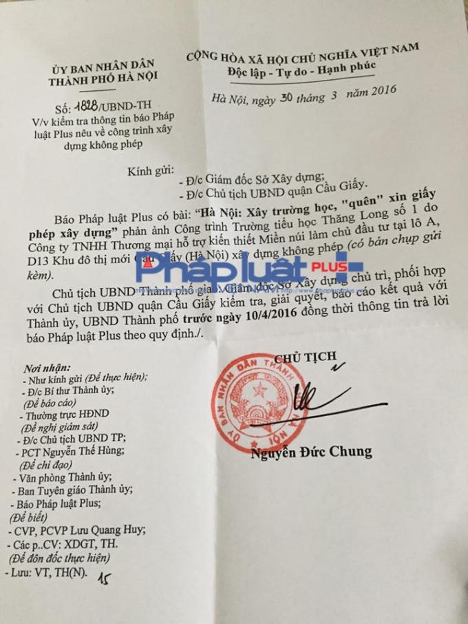 Chủ tịch UBND TP Hà Nội, Ông Nguyễn Đức Chung chỉ đạo trực tiếp tới Giám đốc Sở Xây Dựng và Chủ tịch UBND quận Cầu Giấy kiểm tra, giải quyết sự việc Pháp luật Plus nêu.