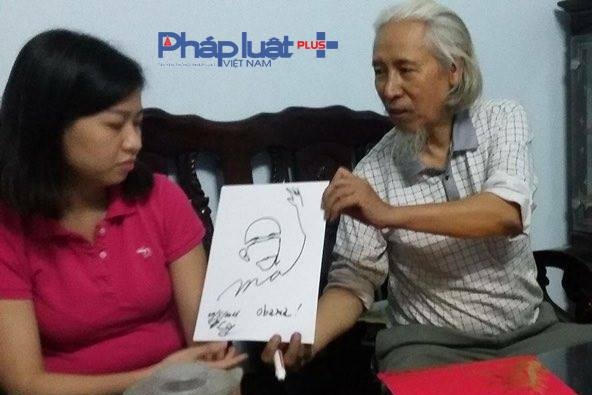 Nhà thư pháp Lê Thiên Lý họa thư pháp hình Obama đang vẫy tay chào.