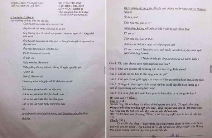 Ca khúc "Ông bà anh" được đưa vào đề thi kiểm tra hết học kỳ 1 khối 12 trường THPT Trường Chinh (quận 12, TP HCM). (Ảnh: FB Beatvn).