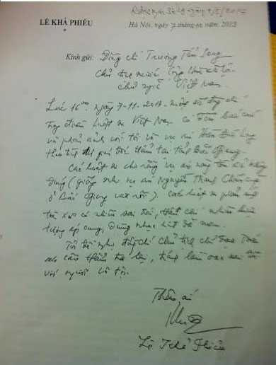 Lá thư tay của Nguyên tổng bí thư Lê Khả Phiêu gửi Chủ tịch nước Trương Tấn Sang.