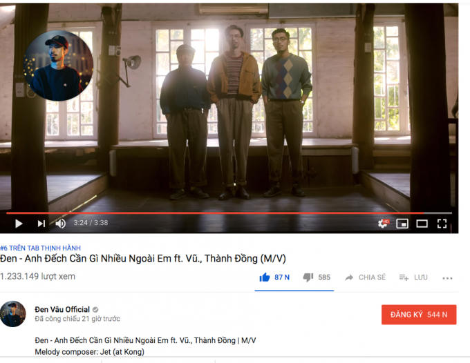 Ca khúc đạt hơn 1 triệu lượt xem trong vòng 1 ngày ra mắt.