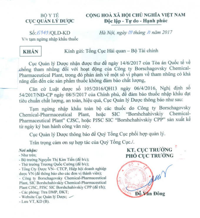 Y&ecirc;u cầu tạm ngừng nhập khẩu to&agrave;n bộ thuốc do C&ocirc;ng ty Borschagovsky Chemical-Pharmaceutical Plant sản xuất