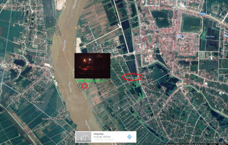 Vị trí các tàu hút cát trái phép ven sông Hồng, tại thành phố Hưng Yên. (Nguồn: Google Map)