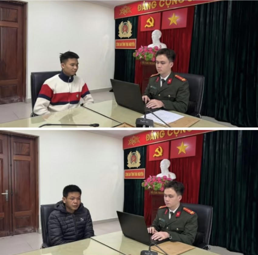 Đối tượng Nguyễn Ngọc Quang và Lê Văn Tuấn khi làm việc với cơ quan công an.