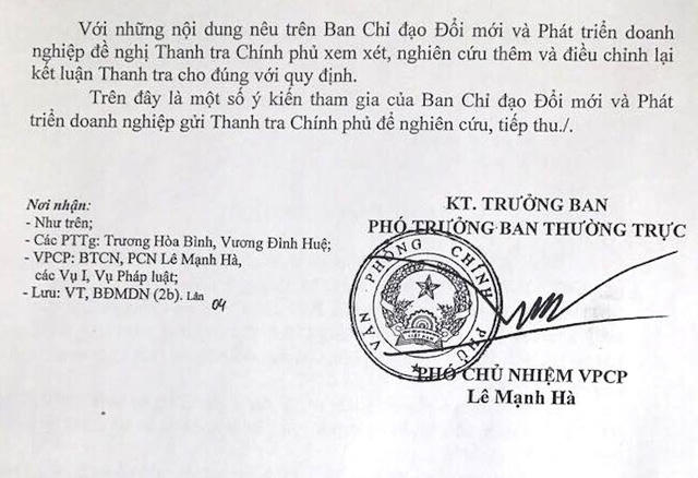 Văn bản  Ban chỉ đạo đổi mới và phát triển doanh nghiệp vừa ban hành văn bản gửi Thanh tra Chính phủ đề nghị xem xét nhiều nội dung vụ cổ phần hóa HACINCO.
