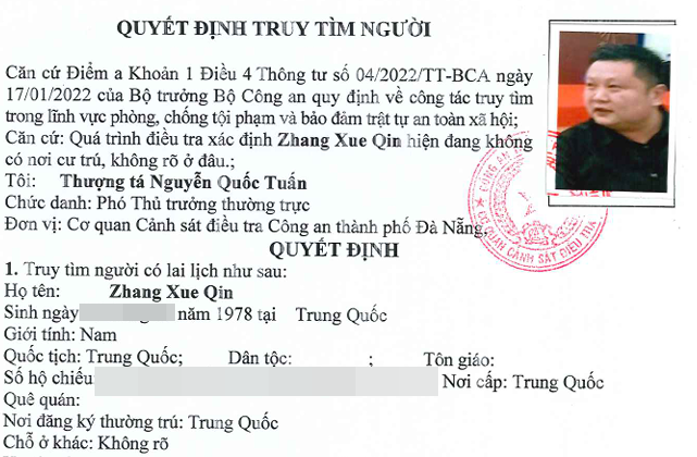 Ra quyết định truy tìm đối với 3 đối tượng là người Trung Quốc liên quan đến vụ án.