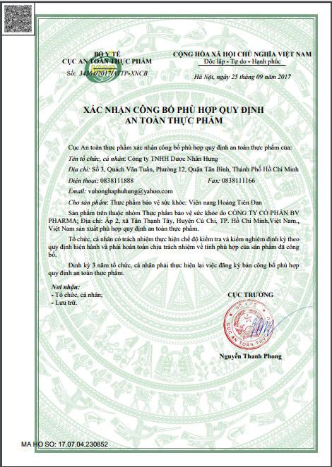 Xác nhân công bố do Cục An toàn Thực phẩm Bộ Y tế cấp cho sản phẩm Hoàng Tiên Đan là thực phẩm bảo vệ sức khỏe.