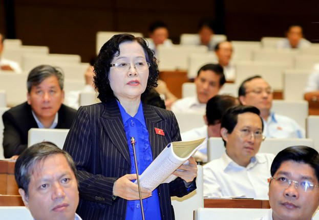 Đại biểu Trần Thị Quốc Khánh (đoàn TP Hà Nội) phát biểu tại hội trường.