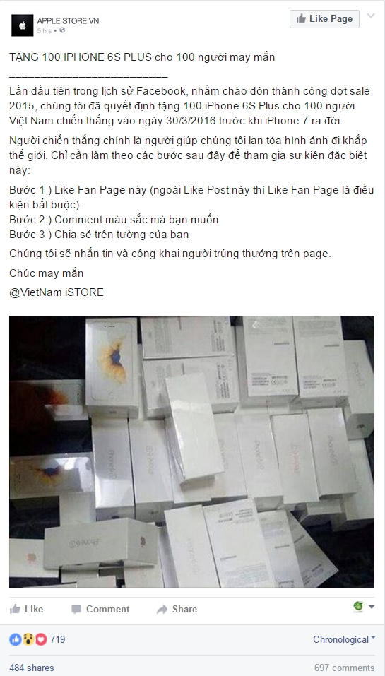 Từ chiều trò tặng điện thoại iPhone 6s Plus chào mừng chiến thắng trước khi iPhone 7 ra đời.