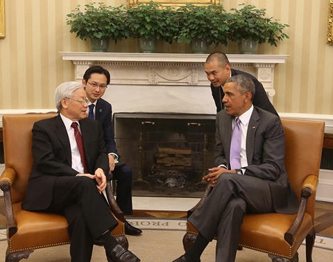 Tổng Bí thư Nguyễn Phú Trọng hội đàm với Tổng thống Hoa Kỳ Barack Obama trong chuyến thăm chính thức Hoa Kỳ từ ngày 5 - 12/7/2015 (Ảnh: Trí Dũng - TTXVN)