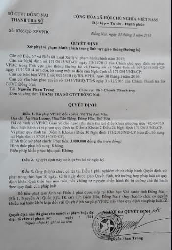 Mặc d&ugrave; c&ograve;n &ldquo;cần xem lại bi&ecirc;n bản&rdquo; nhưng Ph&oacute; ch&aacute;nh thanh tra Sở GTVT Đồng Nai vẫn ra Quyết định xử phạt.