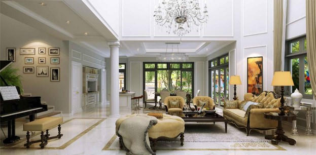 Thiết kế phòng khách sang trọng và giao hoà với thiên nhiên tại Vinhomes Riverside – The Harmony