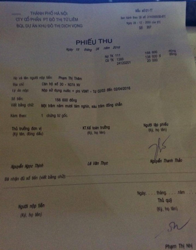 H&oacute;a đơn của C&ocirc;ng ty cổ phần PT đ&ocirc; thị Từ Li&ecirc;m - Ban QLDA khu đ&ocirc; thị Dịch Vọng thu tiền nước của người d&acirc;n.