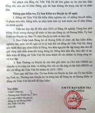 Kết luận về việc sử dụng sai bằng cấp của Ủy ban kiểm tra huyện Vũ Quang đối với ông Trần Việt Hà - Chủ tịch UBND xã Hương Điền