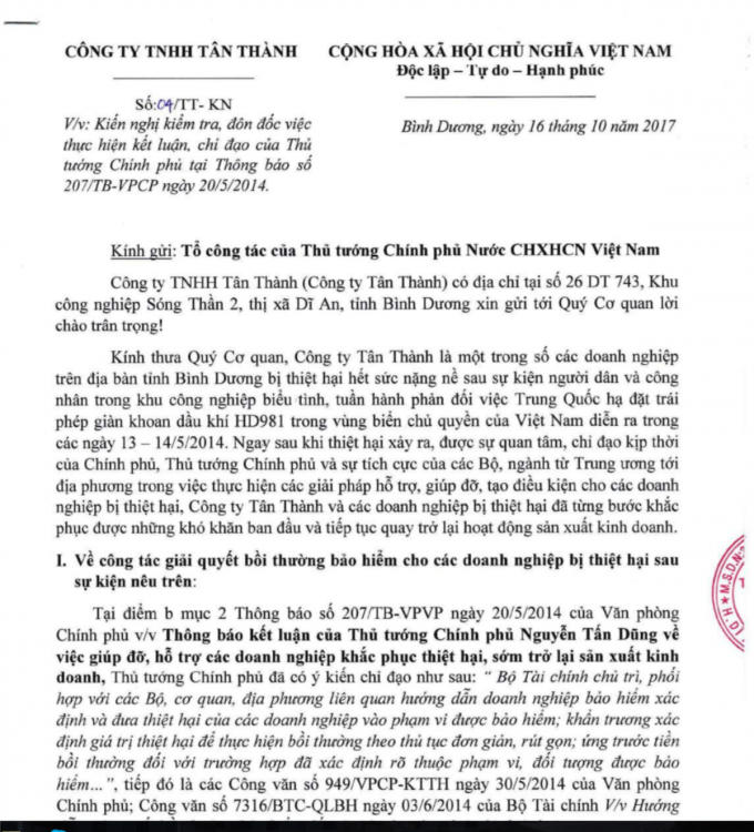 Đơn kiến nghị của Cty Tân Thành.