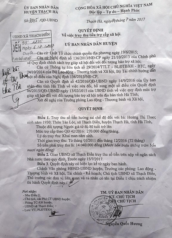 Quyết định truy thu số tiền hưởng sai chế độ của bà Thao.