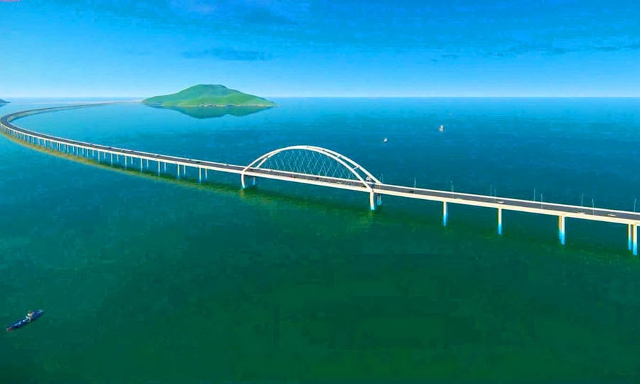 Phối cảnh cầu vượt biển từ đất liền nối đảo Hòn Khoai dài khoảng 18 km, kết nối cao tốc Cà Mau - Đất Mũi (Ảnh: Bộ Quốc phòng).