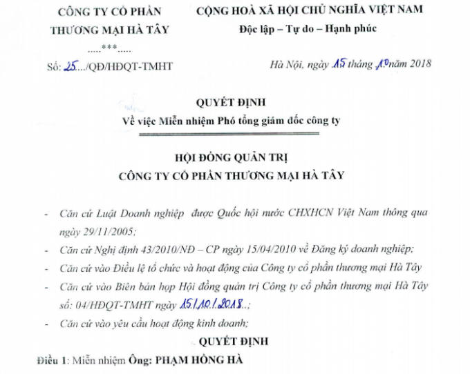 Quyết định miễn nhiệm Phó tổng giám đốc công ty CP thương mại Hà Tây. Ảnh: Chụp màn hình