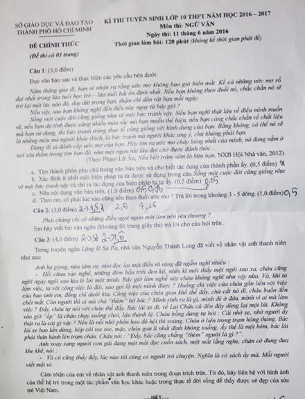 Đề thi môn Ngữ văn vào lớp 10 tại TP HCM. (Ảnh: Lao động)