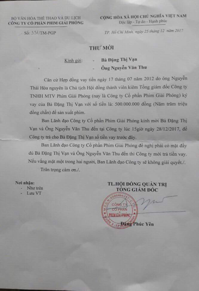Thư mời của Công ty phim Giải Phóng gửi bà Vạn và ông Thu.