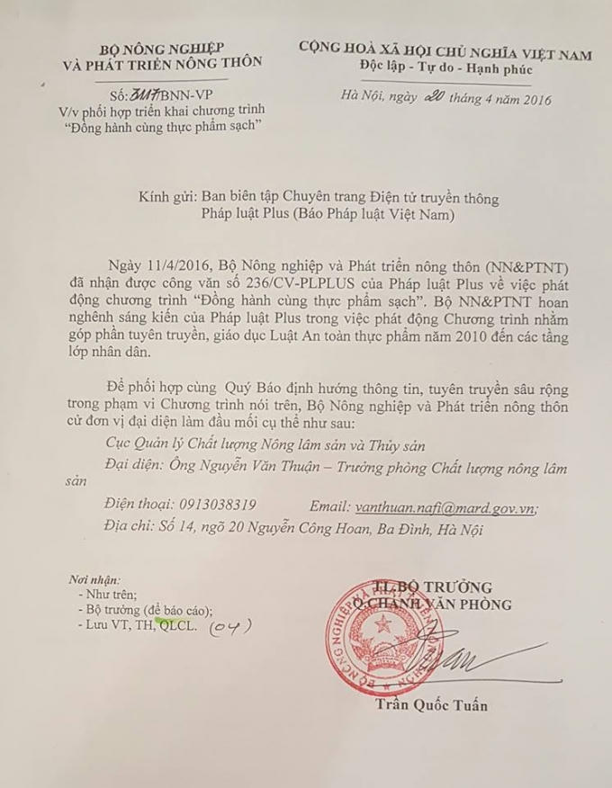 Bộ Nông nghiệp phối hợp với Pháp luật Plus trong chương trình Đồng hành cùng Thực phẩm sạch