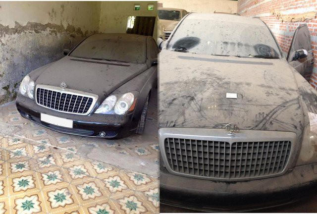 Cặp Maybach 62S (bên trái) và bản Maybach 62 của "ông trùm" buôn lậu đường biên Hà Tuấn Dũng (tức Dũng "mặt sắt") bị "bỏ rơi" không thương tiếc. Bộ đôi Ferrari F430 Spider và Ferrari 430 Scuderia thuộc sở hữu của Dũng "mặt sắt" bị tịch thu vào hồi tháng 5/2013 cũng nằm phủ bụi.