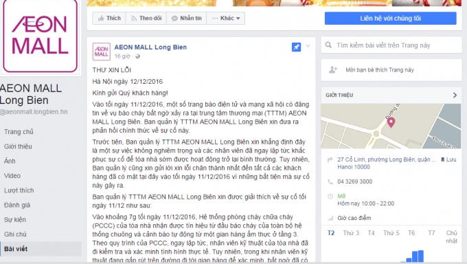 Thư xin lỗi được đăng tải trên Fan page AEON MALL Long Bien (Ảnh chụp màn hình)