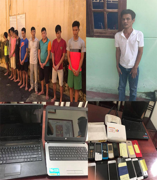 Các đối tượng trong đường dây đánh bạc và số tang vật thu được. (Ảnh: báo Công an nhân dân)