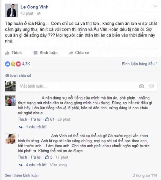 Công Vinh chia sẻ việc bị nôn mửa trên trang cá nhân - Ảnh chụp màn hình.