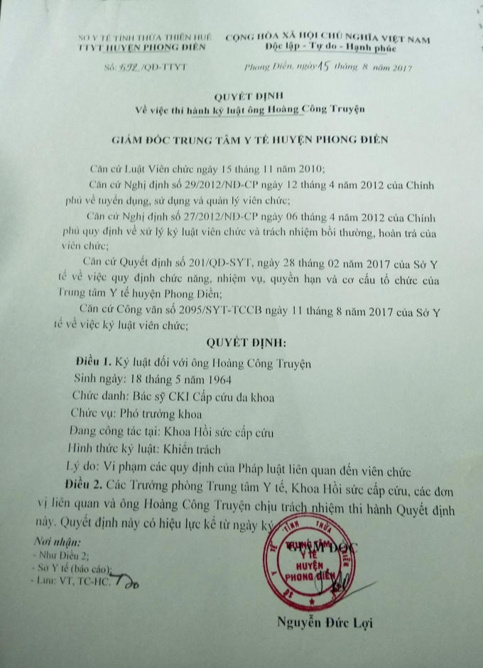 Quyết định thi hành kỷ luật với bác sĩ Hoàng Công Truyện.