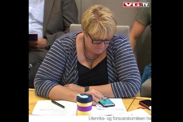 Bà Grande bị bắt gặp chơi Pokemon Go khi cuộc họp được phát sóng trên truyền hình. (Ảnh: VG TV).