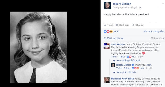 Lời tự chúc bà Clinton chia sẻ trên Facebook cá nhân.
