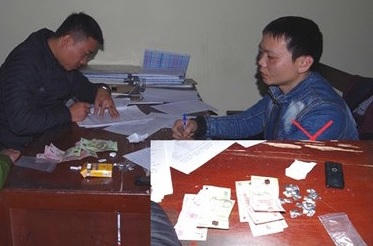 Đối tượng Phạm Đức Cương (X) cùng tang vật tại cơ quan công an.