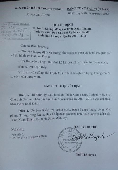 Quyết định thi hành kỷ luật đối với ông Trịnh Xuân Thanh