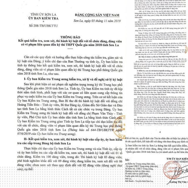 Thông báo Kết quả kiểm tra, thi hành kỷ luật đối với tổ chức đảng, đảng viên có vi phạm liên quan đến kỳ thi THPT quốc gia 2018 tỉnh Sơn La.