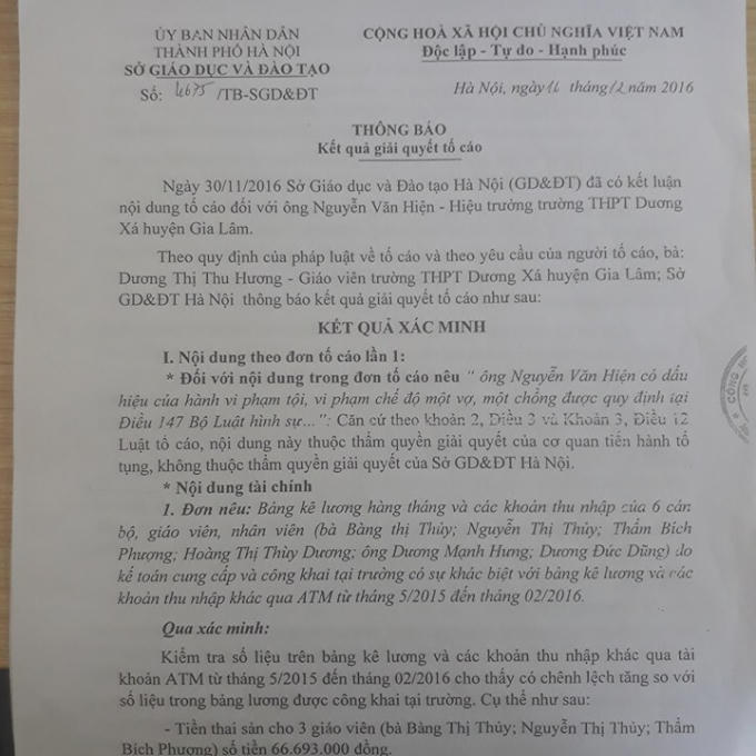Thông báo về việc giải quyết khiếu nại tố cáo của Sở Giáo dục và Đào tạo TP Hà Nội.
