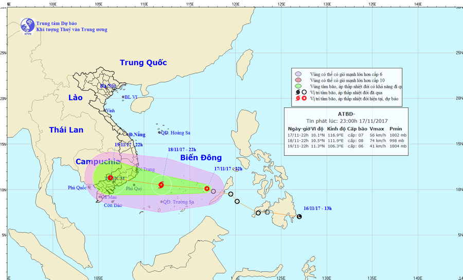 Dự b&aacute;o vị tr&iacute;, hướng đi của &aacute;p thấp nhiệt đới. Ảnh: nchmf.gov.vn
