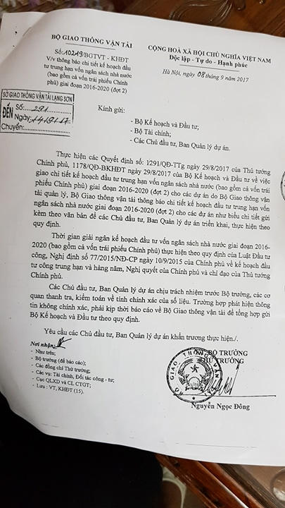Kế hoạch phân bổ vốn của Bộ GTVT xuống các địa phương. Trong đó có nâng cấp QL4A.