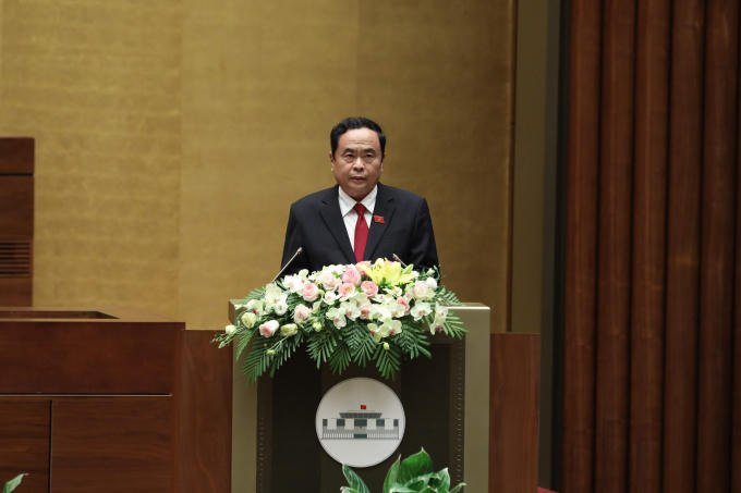 Chủ tịch Ủy ban Trung ương MTTQ Việt Nam Trần Thanh Mẫn trình bày Báo cáo tổng hợp ý kiến, kiến nghị của cử tri và nhân dân. Ảnh VGP/Nhật Bắc