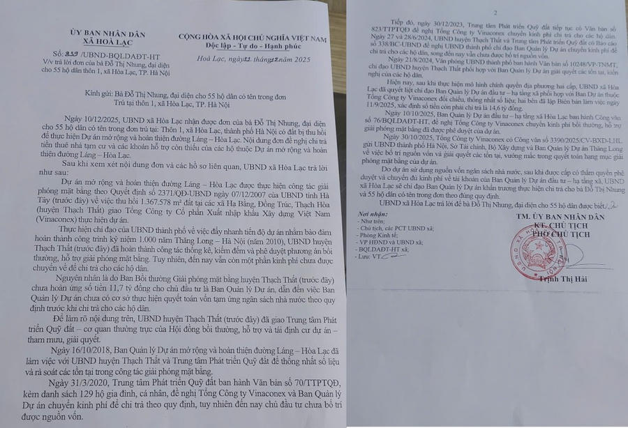 Văn bản số 859 /UBND-BQLDAĐT-HT của UBND xã Hòa Lạc trả lời kiến nghị của các hộ dân có đất bị thu hồi để thực hiện Dự án mở rộng đường Láng - Hòa Lạc chưa được chi trả tiền hỗ trợ thuê nhà tạm cư thuộc diện.