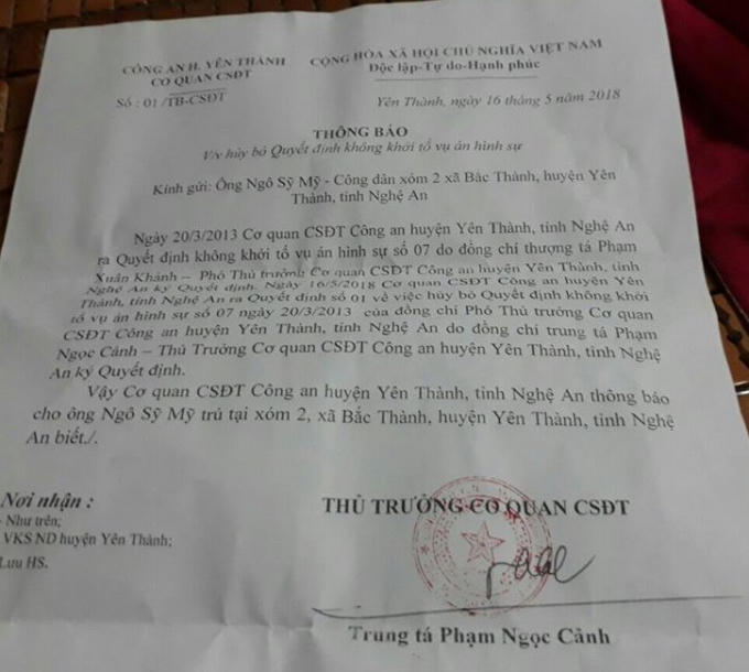 Thông báo hủy bỏ Quyết định không khởi tố vụ án hình sự đối với vụ nữ kế toán trưởng tử vong.