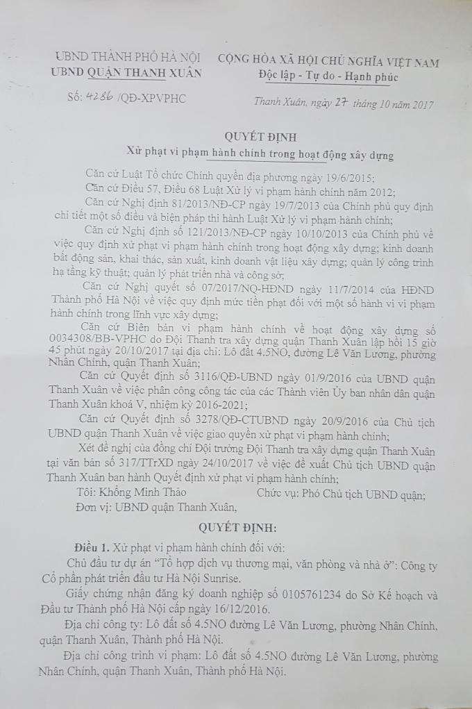 Quyết định xử phạt vi phạm hành chính trong lĩnh vực xây dựng của UBND quận Thanh Xuân đối với dự án The Golden Palm.