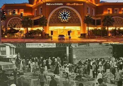 Trung tâm mua sắm Mall Of The Emirates cách đây 50 năm và hiện tại. M inh chứng cho sự thay đổi chóng mặt ở Dubai thể hiện ở những trung tâm thương mại bề thế. Cách đây 50 năm, chúng là những khu chợ chật chội, người mua kẻ bán la liệt trao đổi hàng hóa. Còn ngày nay, tất cả đã biến mất và thay vào đó là các điểm bán hàng hóa văn minh, hiện đại với rất nhiều sản phẩm đắt tiền.